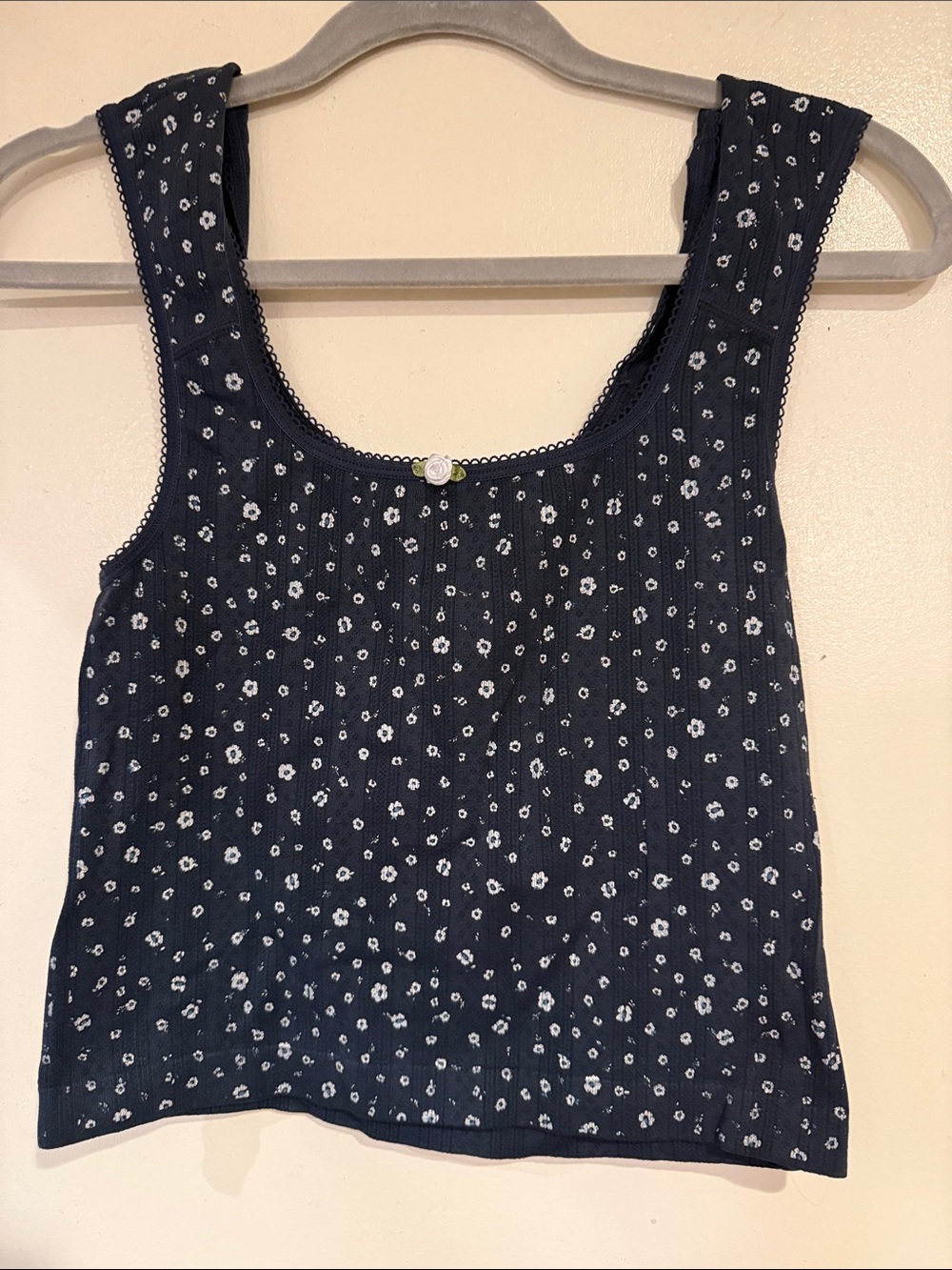Navy Floral Ribbed Scoop Tank with Button Accent